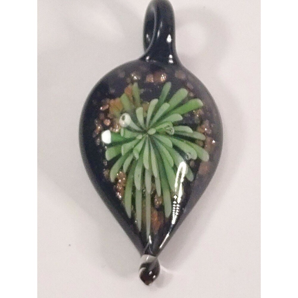 Artisan Glass Black Green Copper Flower Vintage Pendant